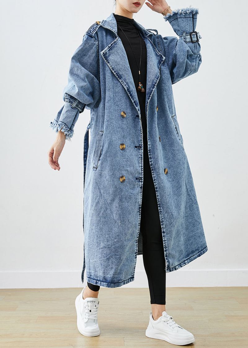 Art Bleu Clair Revers Double Boutonnage Denim Trench Manteaux Automne - Trenchs femmes