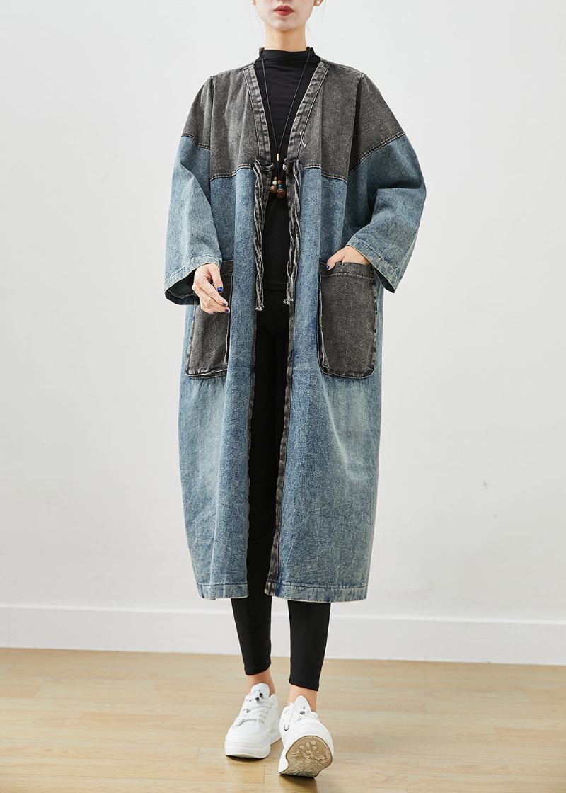 Art Blue Cardigan Surdimensionné En Denim À Lacets Et Patchwork Automne - Trenchs femmes