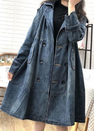 Art Blue Col Claudine Poches Bouton Automne Denim Trench Coats Manteau