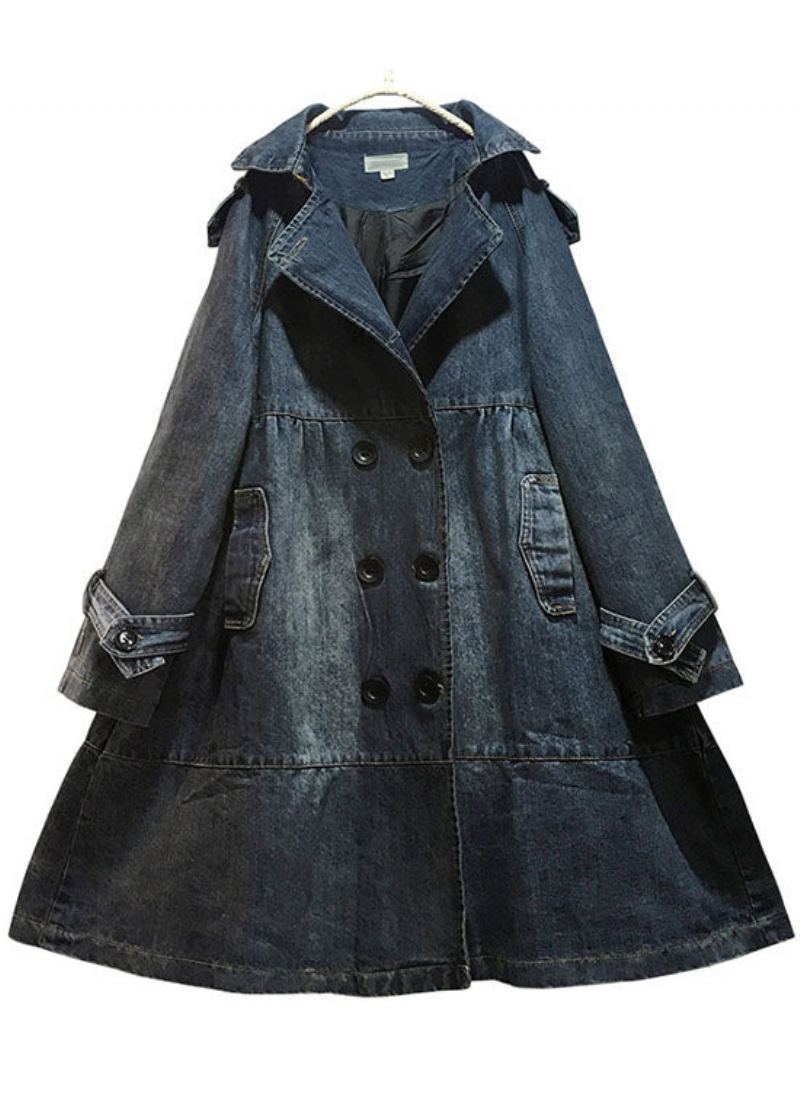 Art Blue Col Claudine Poches Bouton Automne Denim Trench Coats Manteau - Trenchs femmes