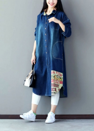 Art Blue Surdimensionné Patchwork Applique Coton Denim Trench Printemps