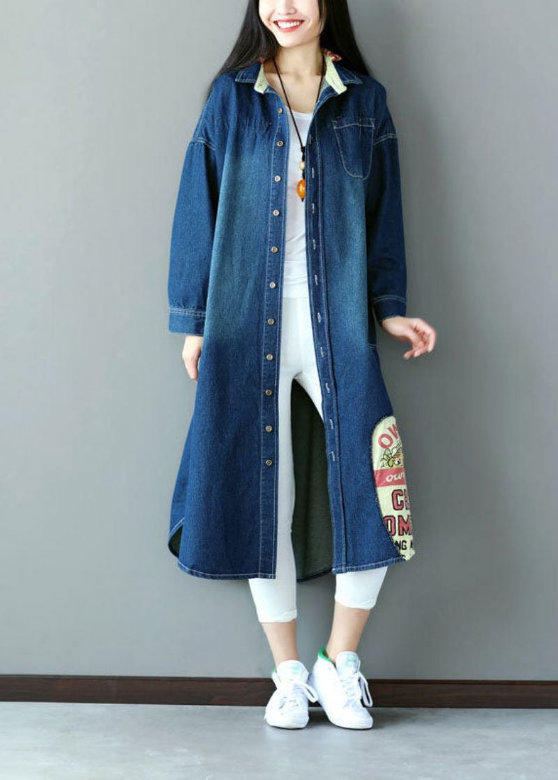 Art Blue Surdimensionné Patchwork Applique Coton Denim Trench Printemps - Trenchs femmes