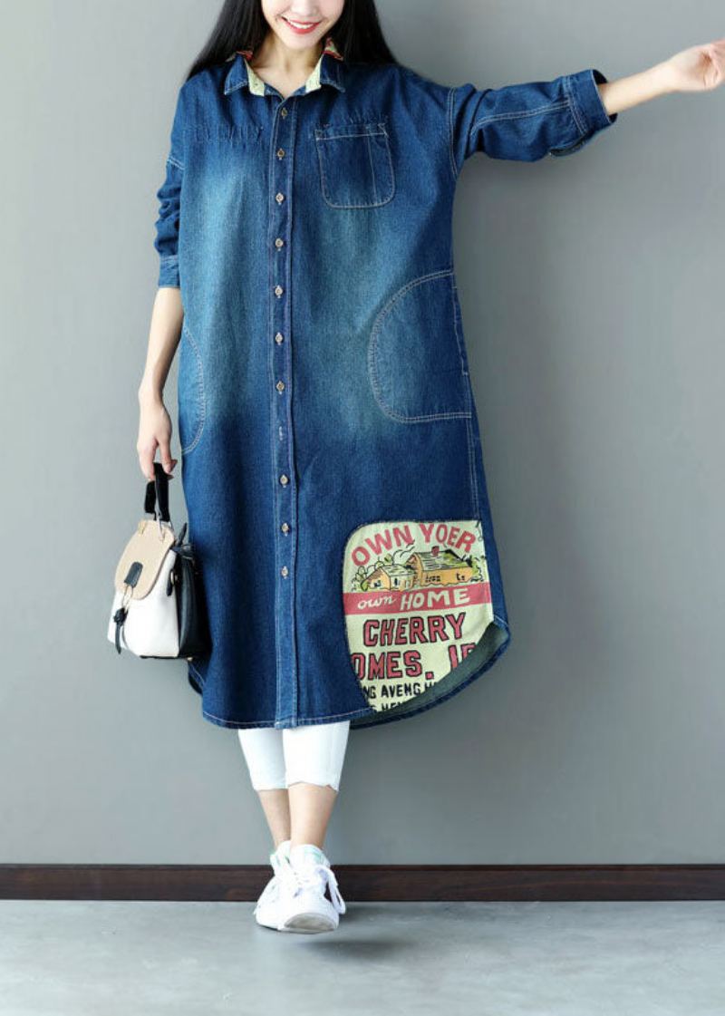 Art Blue Surdimensionné Patchwork Applique Coton Denim Trench Printemps - Trenchs femmes