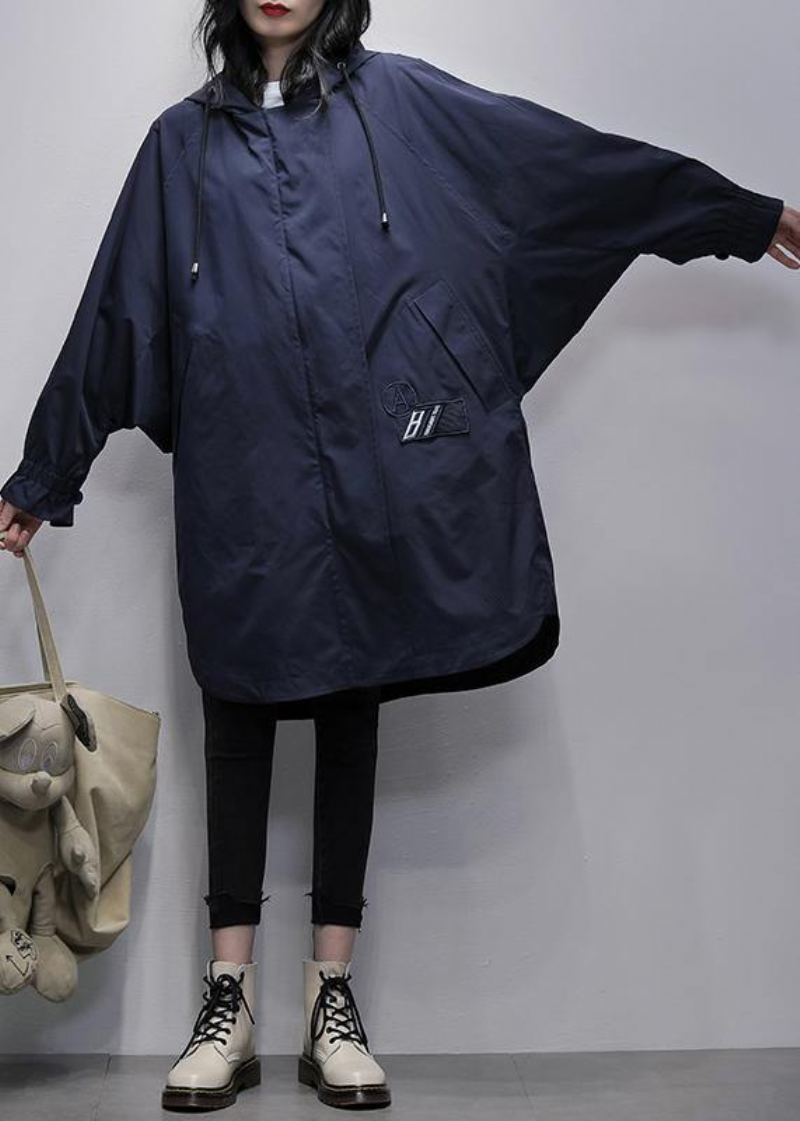 Art Capuche Zippée Mode Grue Manteaux Bleu Grande Taille Vêtements - Trenchs femmes