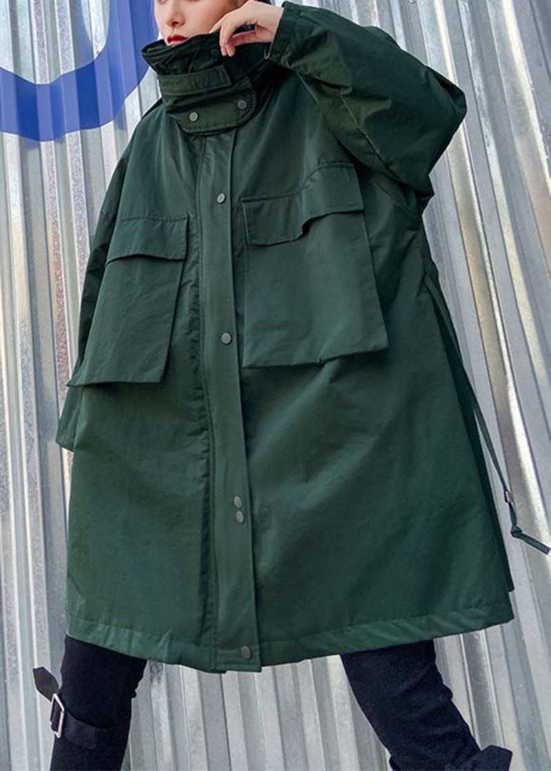 Art Col Montant Poches Vêtements Fins Pour Femmes Armée Vert Genou Vestes