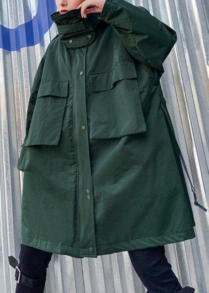 Art Col Montant Poches Vêtements Fins Pour Femmes Armée Vert Genou Vestes - Vert Armée