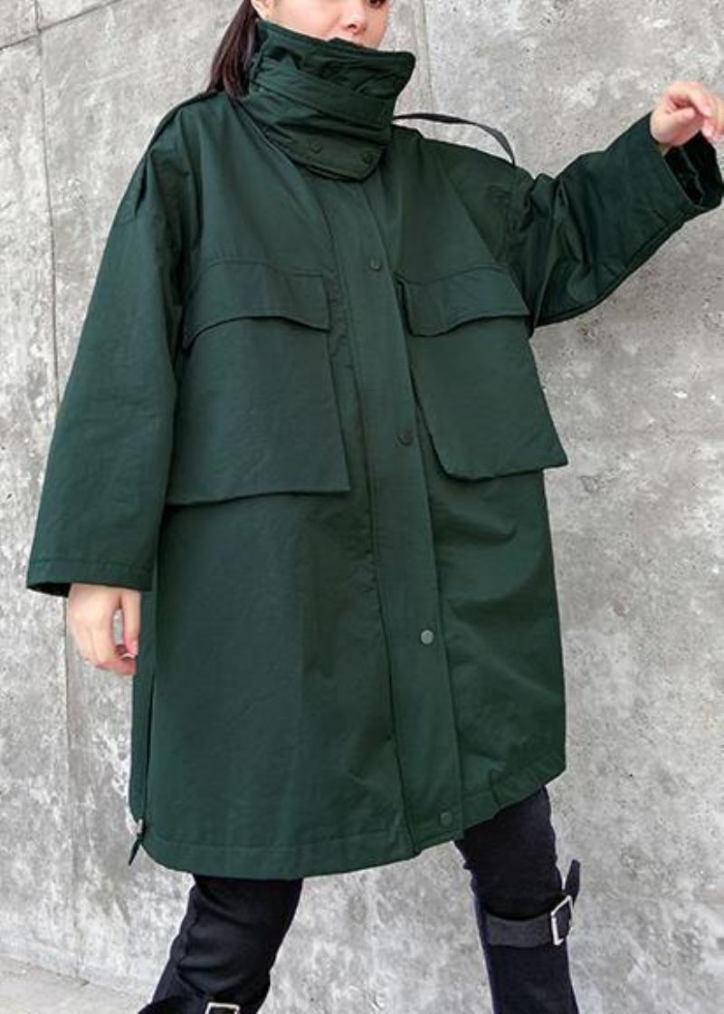 Art Col Montant Poches Vêtements Fins Pour Femmes Armée Vert Genou Vestes - Vert Armée