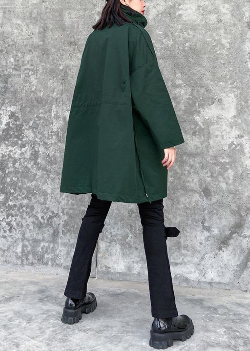 Art Col Montant Poches Vêtements Fins Pour Femmes Armée Vert Genou Vestes - Vert Armée