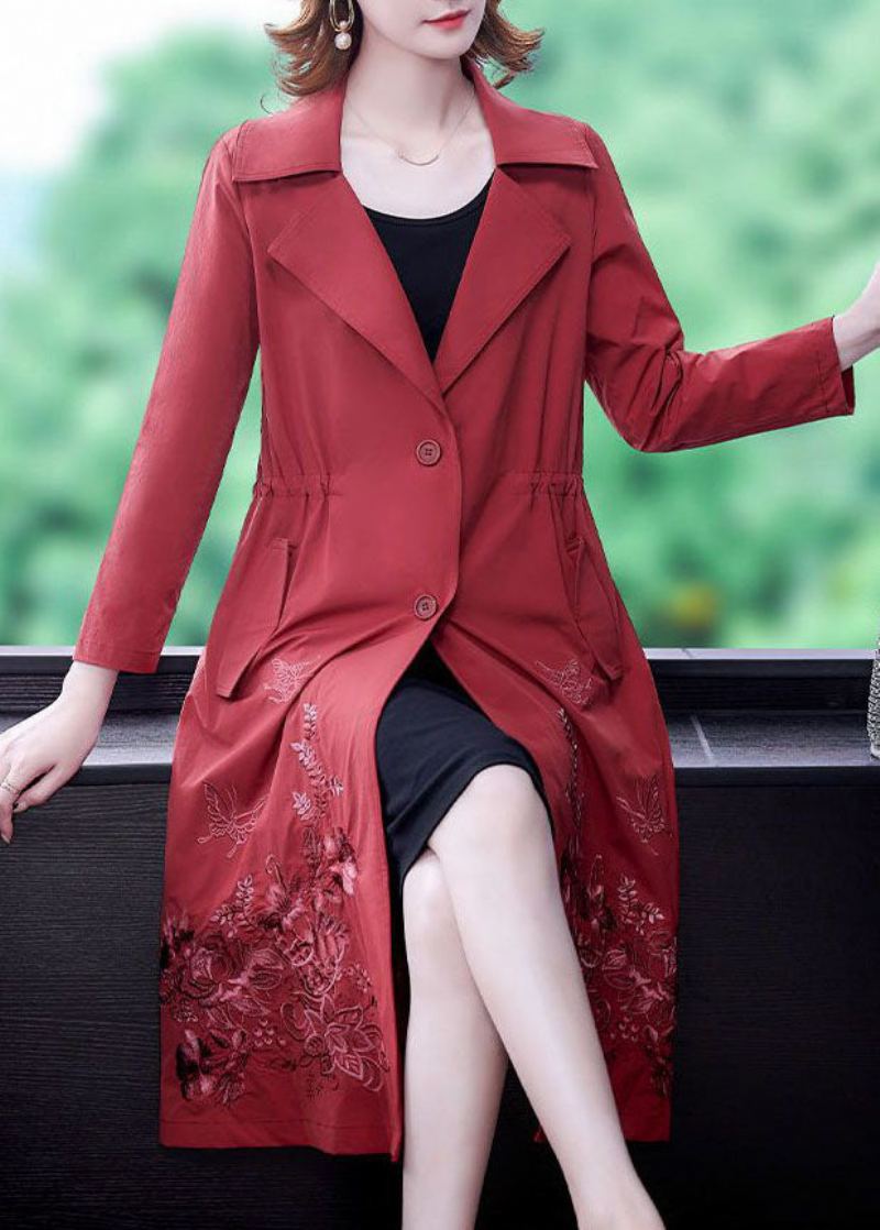 Art Red Col Cranté Poches Spandex Trench Coat Outwear Automne - Rouge