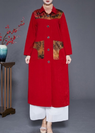 Art Red Peter Pan Collar Patchwork Poches Trench Automne