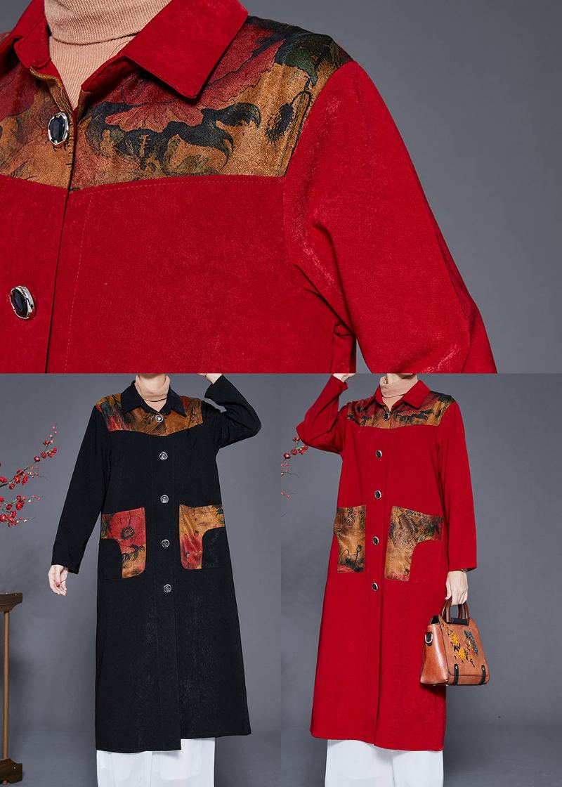 Art Red Peter Pan Collar Patchwork Poches Trench Automne - Trenchs femmes