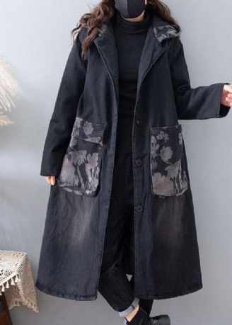 Beaux Vêtements De Grande Taille Manteaux Denim Noir Poches À Capuche D'extérieur