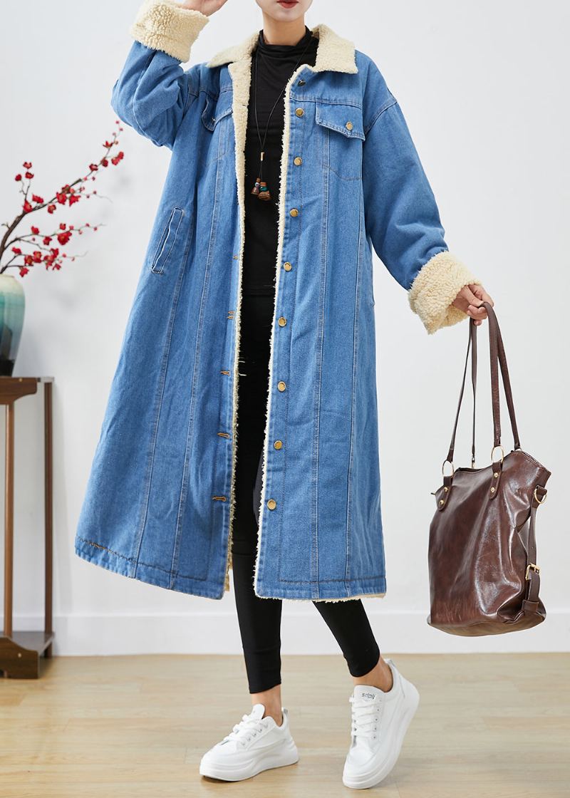 Bohème Bleu Surdimensionné Épais Polaire Doublé De Laine Denim Trench Manteaux Hiver