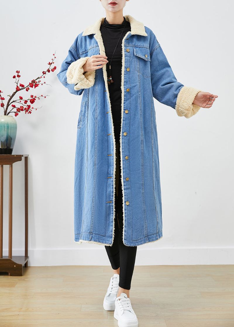 Bohème Bleu Surdimensionné Épais Polaire Doublé De Laine Denim Trench Manteaux Hiver - Trenchs femmes