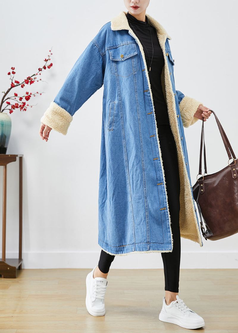 Bohème Bleu Surdimensionné Épais Polaire Doublé De Laine Denim Trench Manteaux Hiver - Trenchs femmes