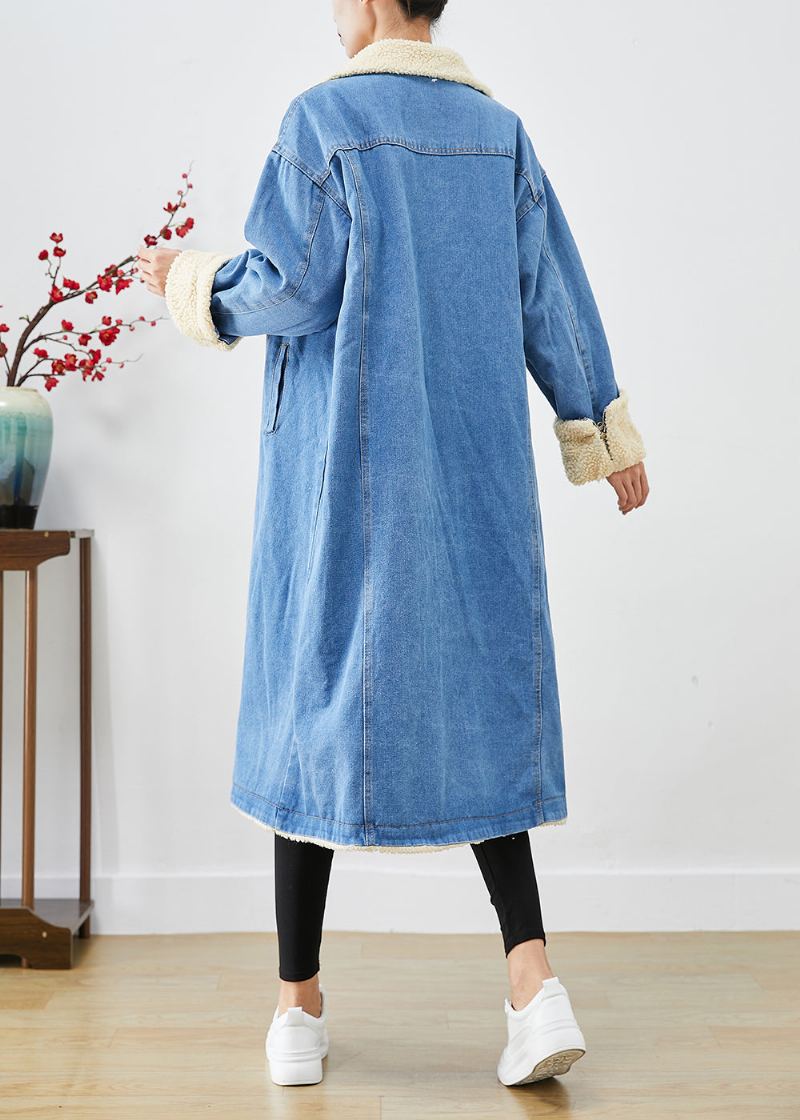 Bohème Bleu Surdimensionné Épais Polaire Doublé De Laine Denim Trench Manteaux Hiver - Trenchs femmes