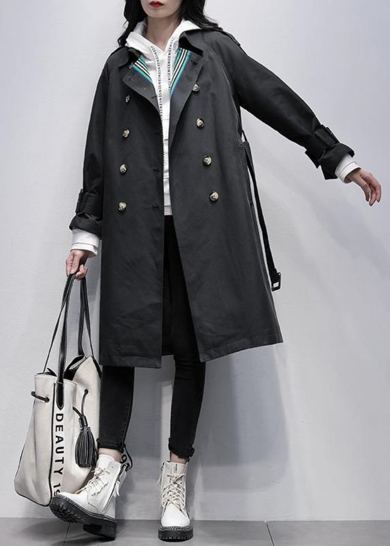 Bohème Cranté Taille Nouée Trench Fin Noir Manteaux Genoux - Trenchs femmes