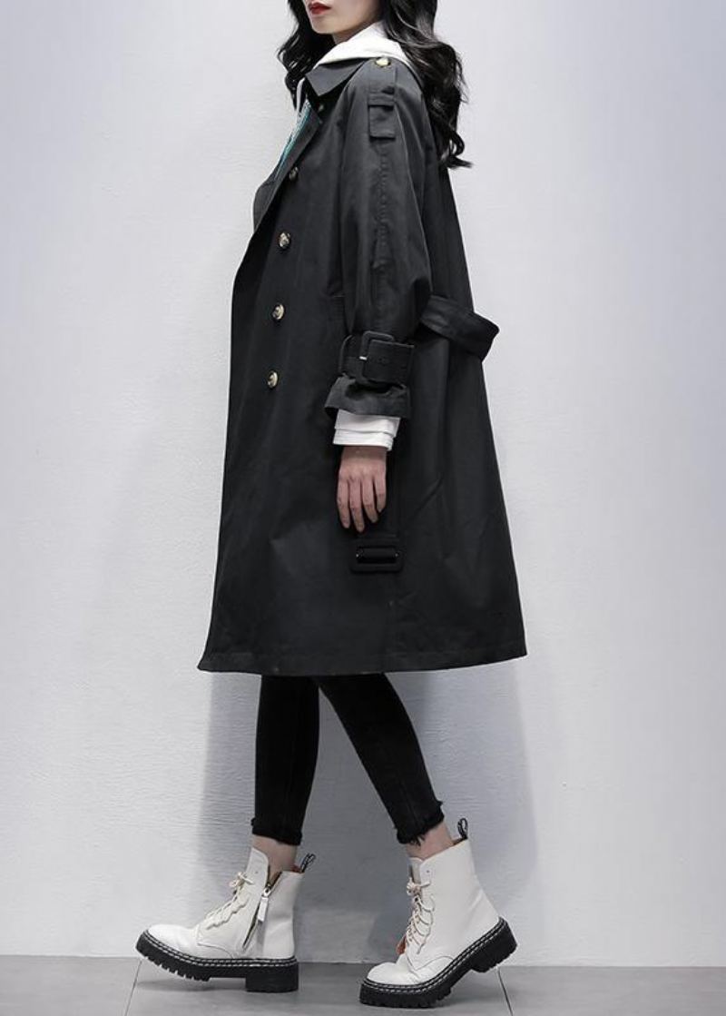 Bohème Cranté Taille Nouée Trench Fin Noir Manteaux Genoux - Trenchs femmes