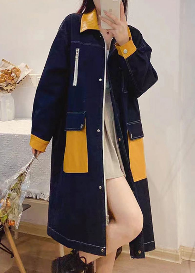 Bohème Denim Bleu Col Claudine Patchwork Bouton Zippé Lin Longs Trench Manteaux Automne