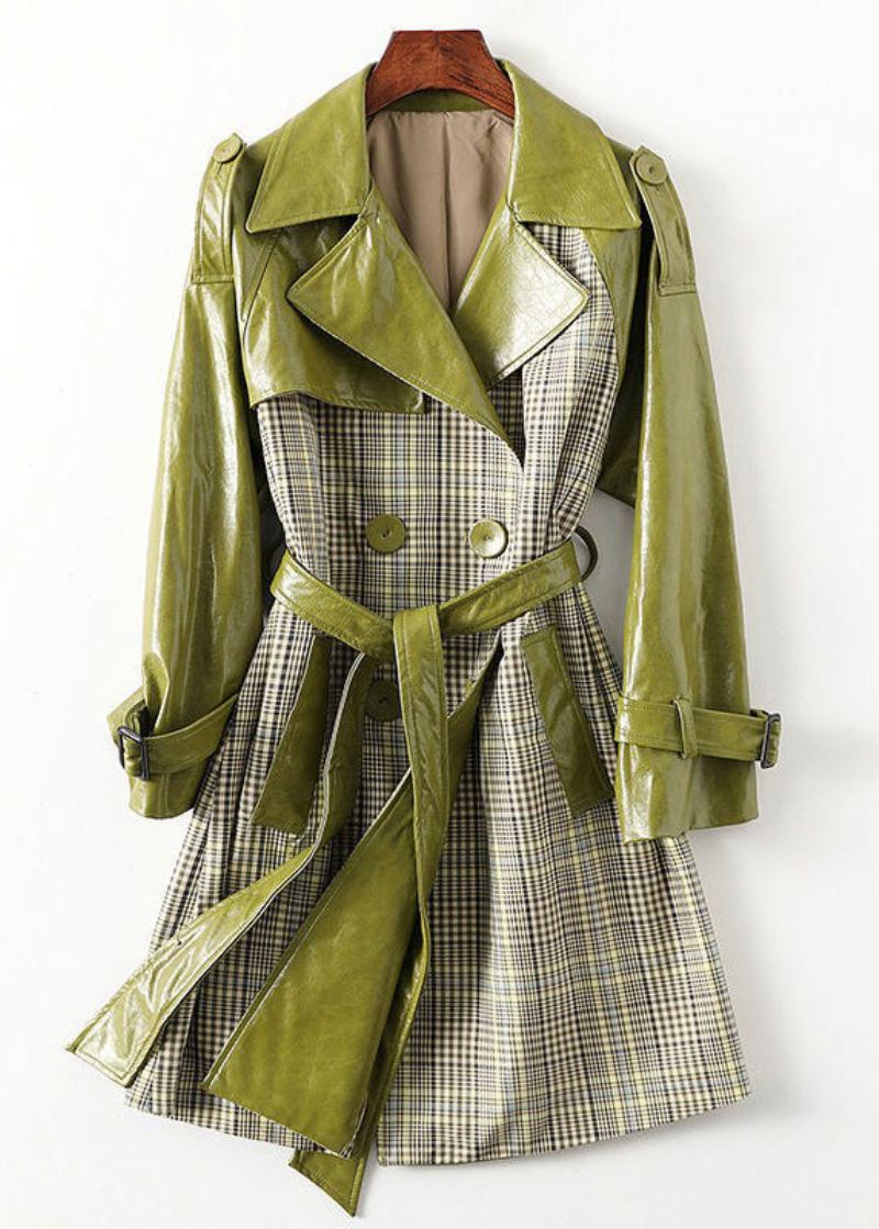 Bohème Vert Col Claudine Rayé Patchwork Cravate Taille Bouton Poches En Cuir Trench Manteaux À Manches Longues