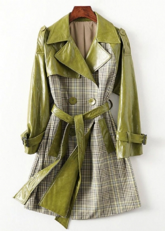 Bohème Vert Col Claudine Rayé Patchwork Cravate Taille Bouton Poches En Cuir Trench Manteaux À Manches Longues