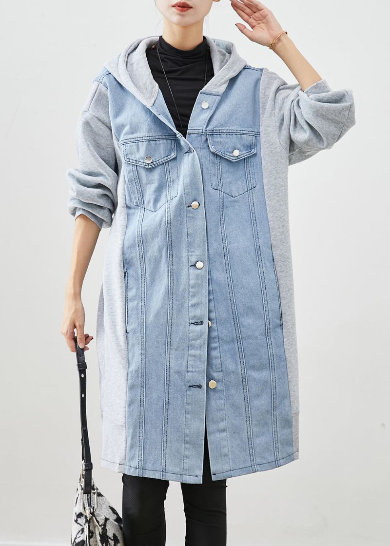 Boho Bleu À Capuche Denim Patchwork Coton Trench Automne