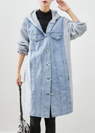 Boho Bleu À Capuche Denim Patchwork Coton Trench Automne