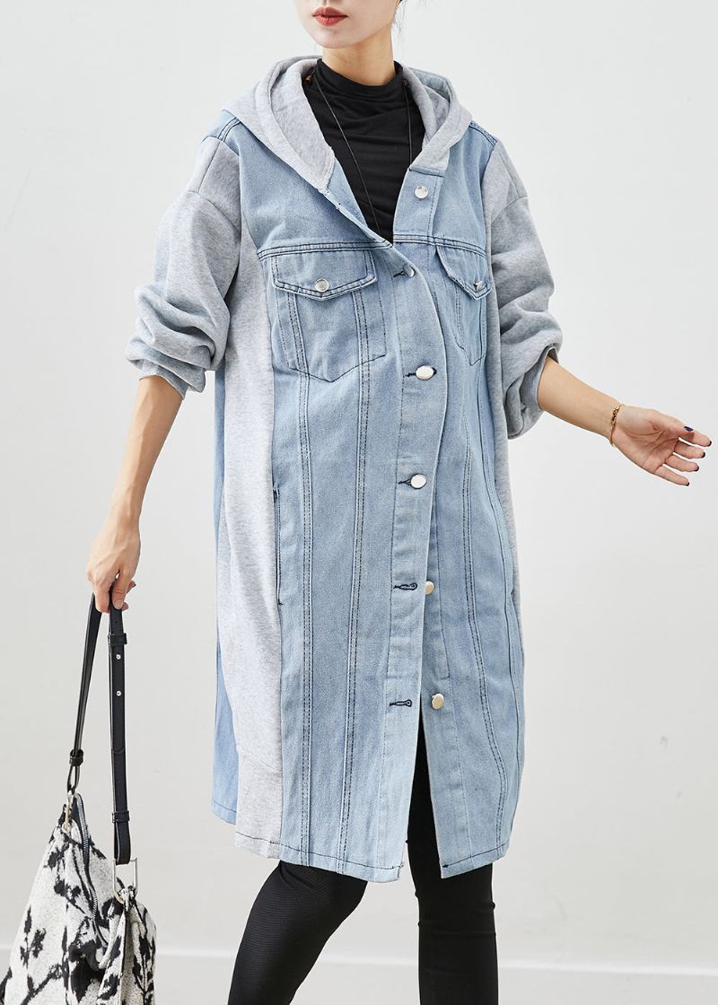 Boho Bleu À Capuche Denim Patchwork Coton Trench Automne - Trenchs femmes