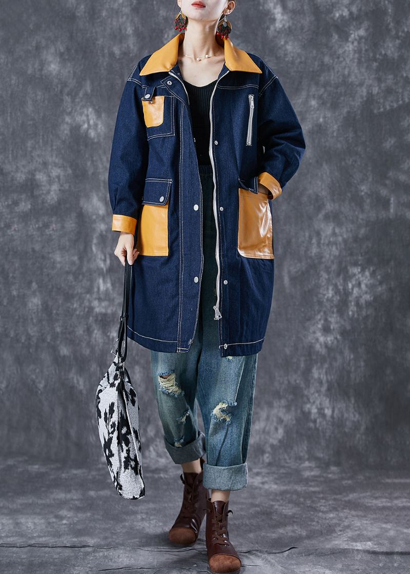 Boho Bleu Marine Surdimensionné Poches Patchwork Manteau En Jean Vêtements D'extérieur Automne