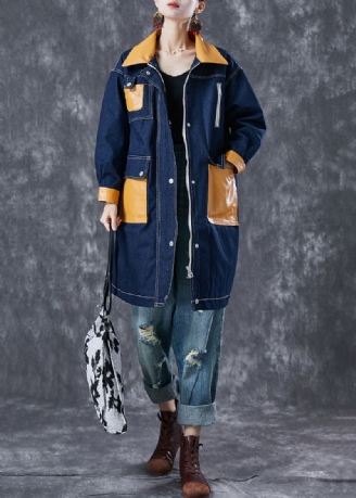 Boho Bleu Marine Surdimensionné Poches Patchwork Manteau En Jean Vêtements D'extérieur Automne