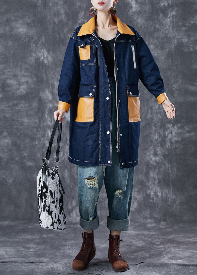 Boho Bleu Marine Surdimensionné Poches Patchwork Manteau En Jean Vêtements D'extérieur Automne - Trenchs femmes