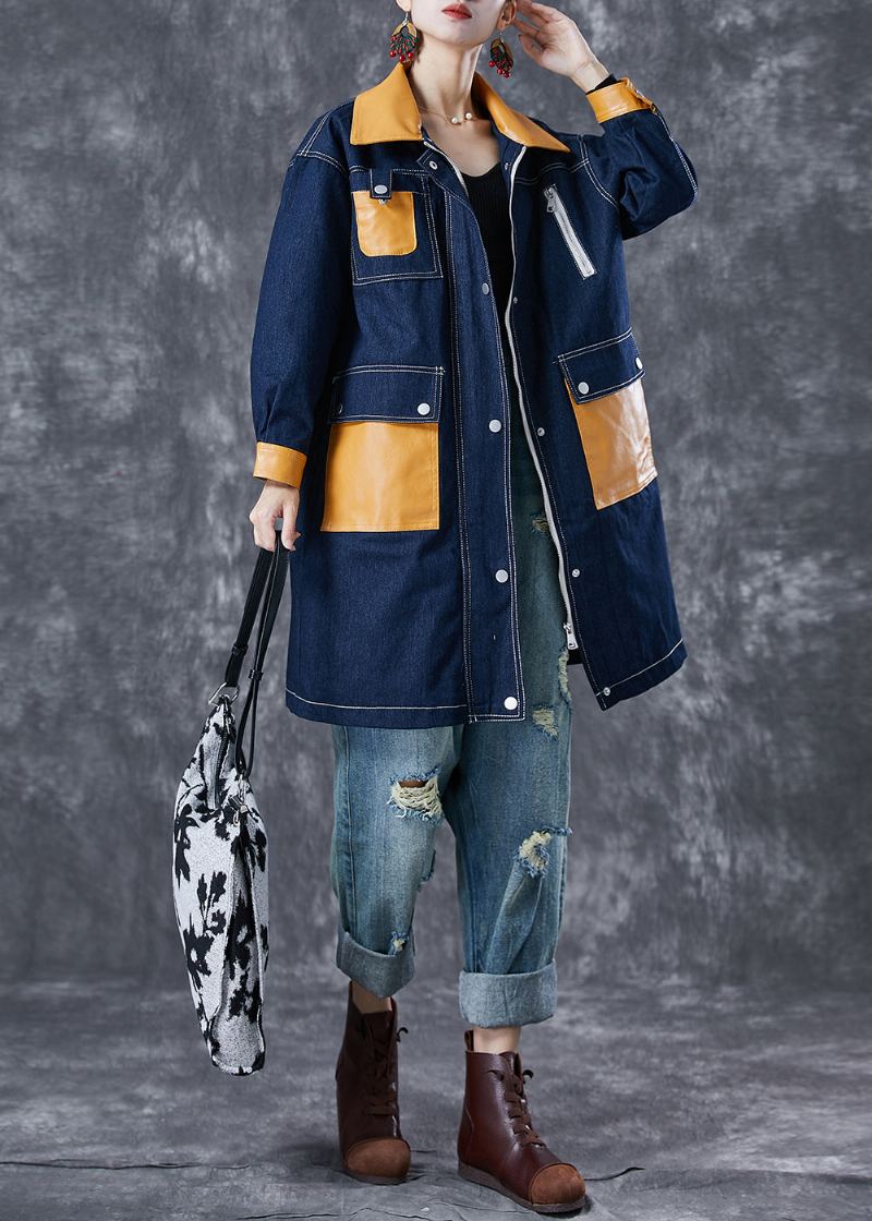 Boho Bleu Marine Surdimensionné Poches Patchwork Manteau En Jean Vêtements D'extérieur Automne - Trenchs femmes