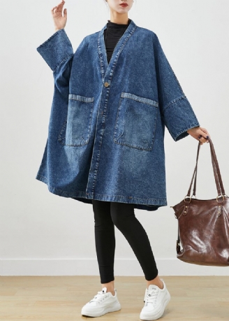 Boho Bleu Poches Surdimensionnées Denim Trench Manteaux Manches Chauve-souris