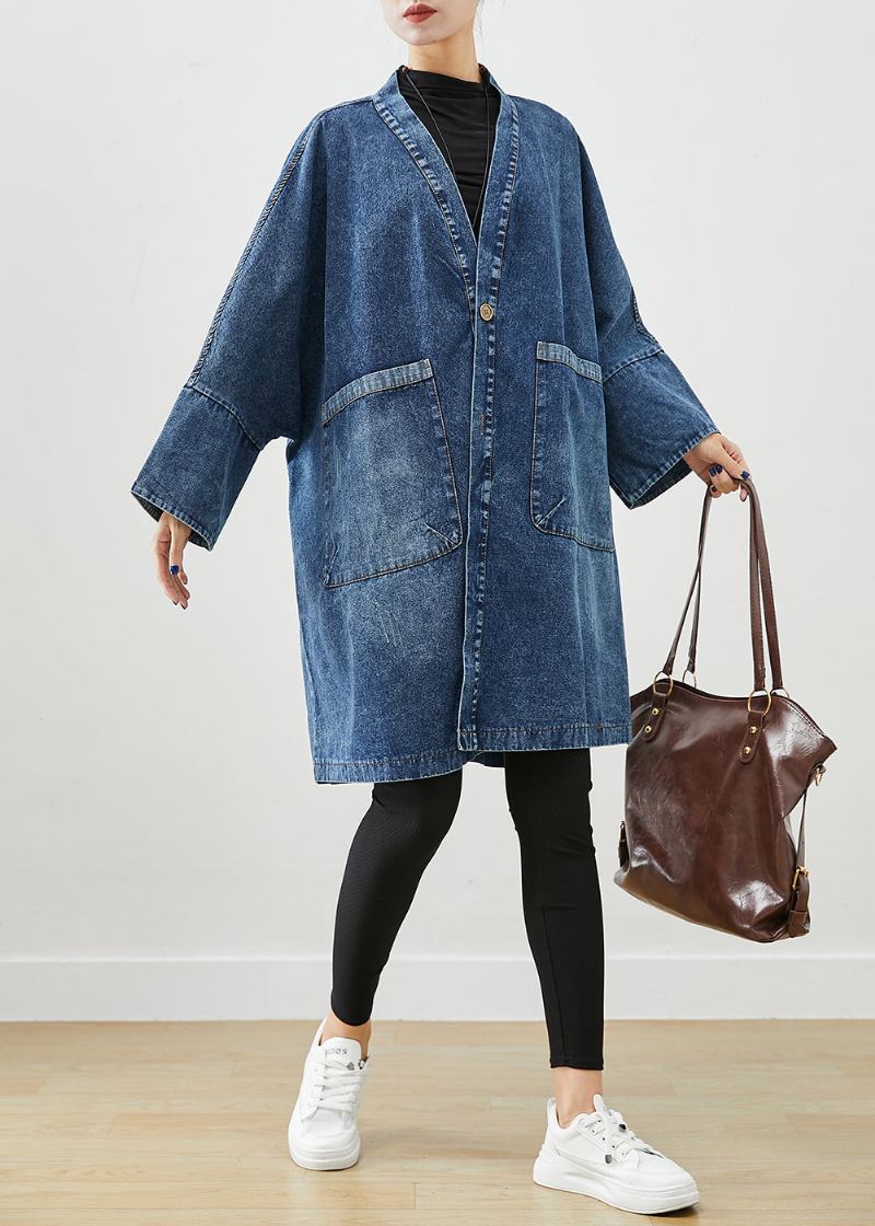 Boho Bleu Poches Surdimensionnées Denim Trench Manteaux Manches Chauve-souris - Trenchs femmes