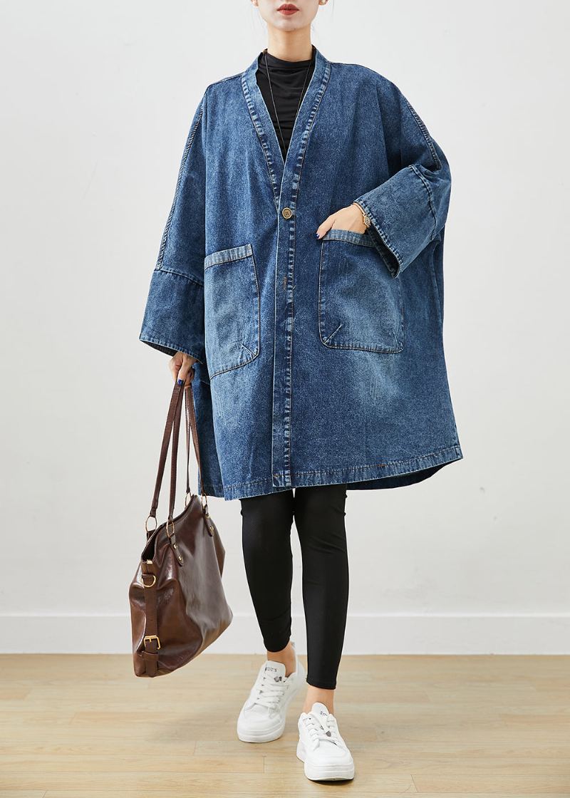 Boho Bleu Poches Surdimensionnées Denim Trench Manteaux Manches Chauve-souris - Trenchs femmes