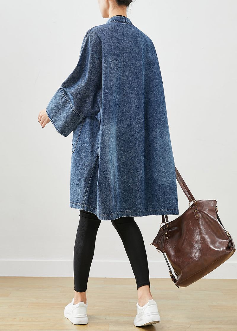 Boho Bleu Poches Surdimensionnées Denim Trench Manteaux Manches Chauve-souris - Trenchs femmes