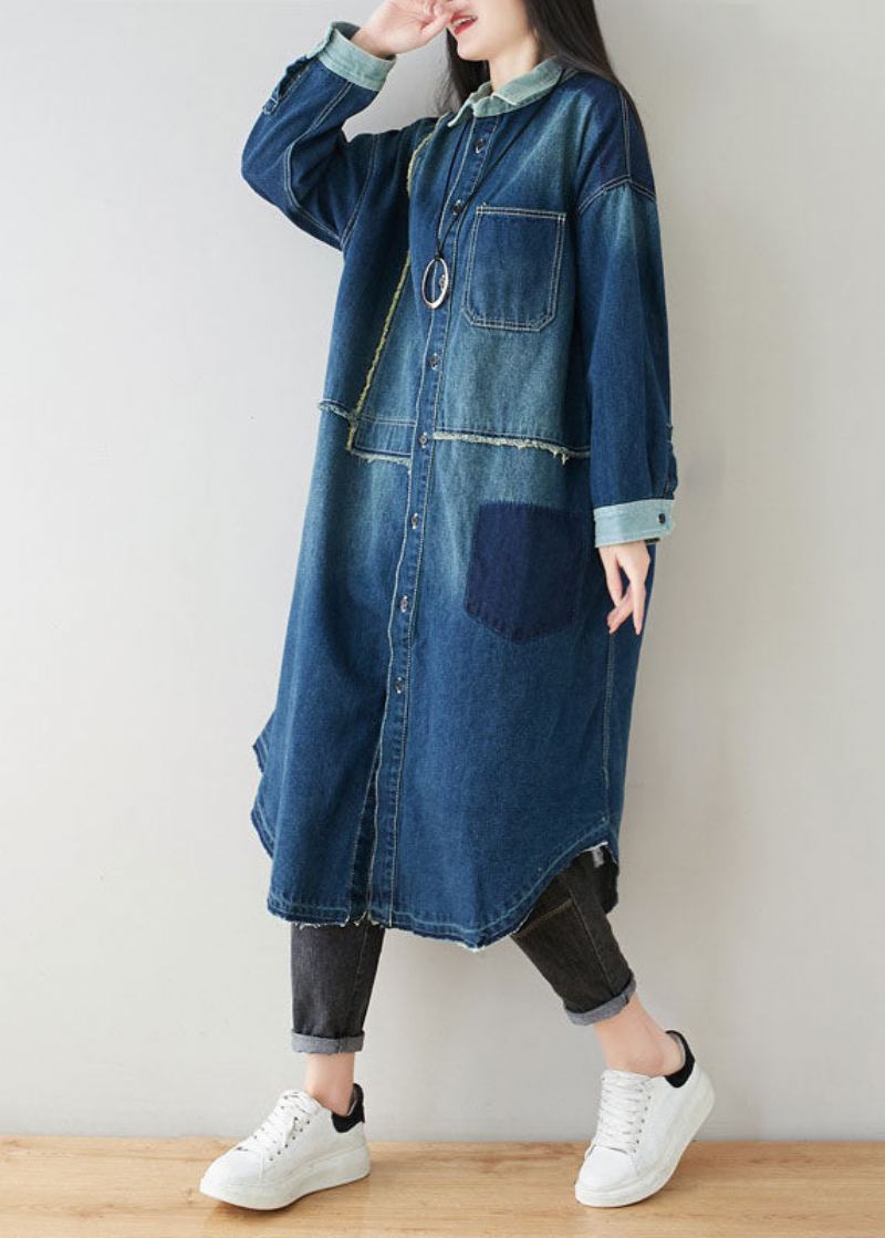 Boho Denim Bleu Col Claudine Patchwork Surdimensionné Coton Trench Printemps