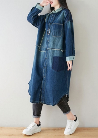 Boho Denim Bleu Col Claudine Patchwork Surdimensionné Coton Trench Printemps