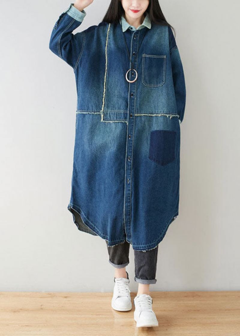 Boho Denim Bleu Col Claudine Patchwork Surdimensionné Coton Trench Printemps - Trenchs femmes