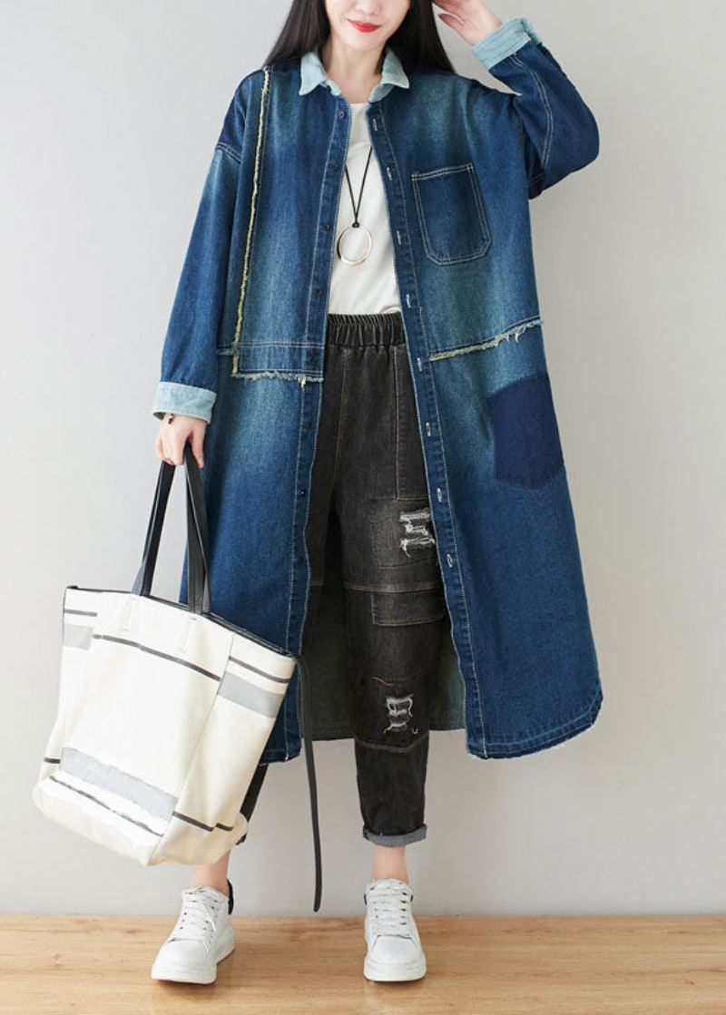 Boho Denim Bleu Col Claudine Patchwork Surdimensionné Coton Trench Printemps - Trenchs femmes