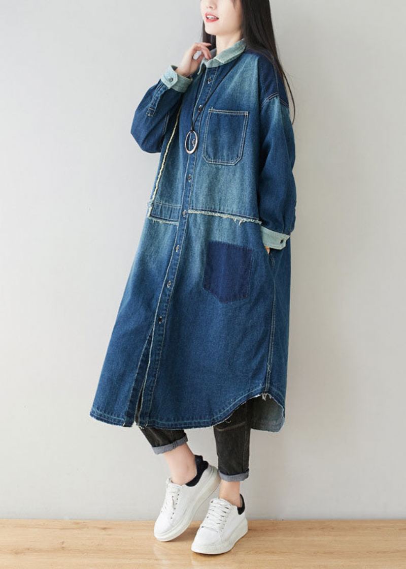 Boho Denim Bleu Col Claudine Patchwork Surdimensionné Coton Trench Printemps - Trenchs femmes