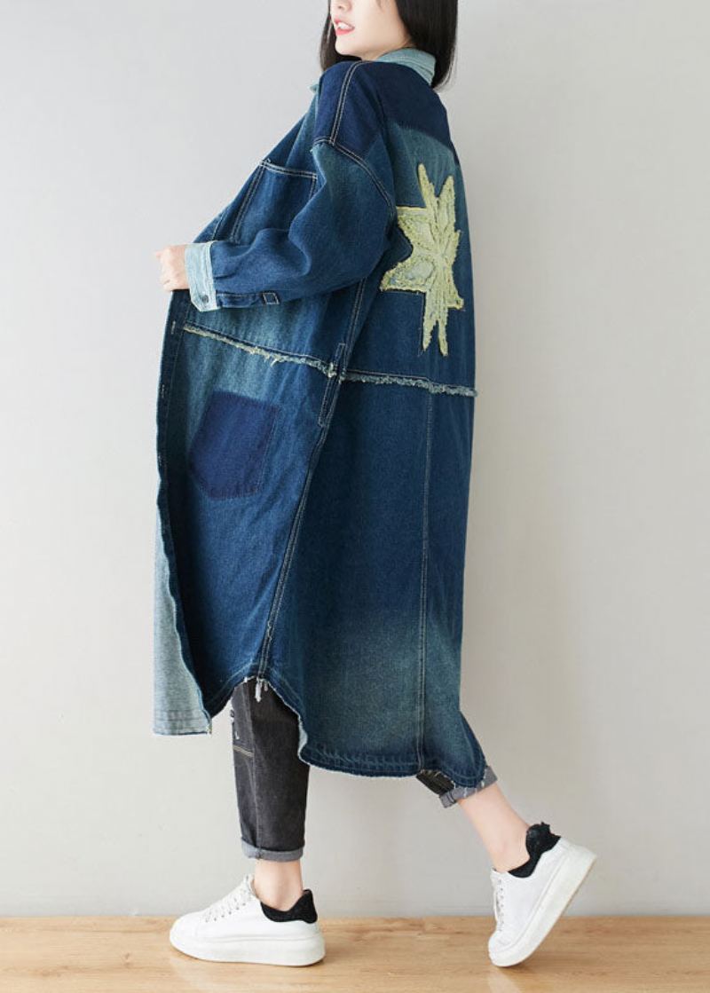 Boho Denim Bleu Col Claudine Patchwork Surdimensionné Coton Trench Printemps - Trenchs femmes