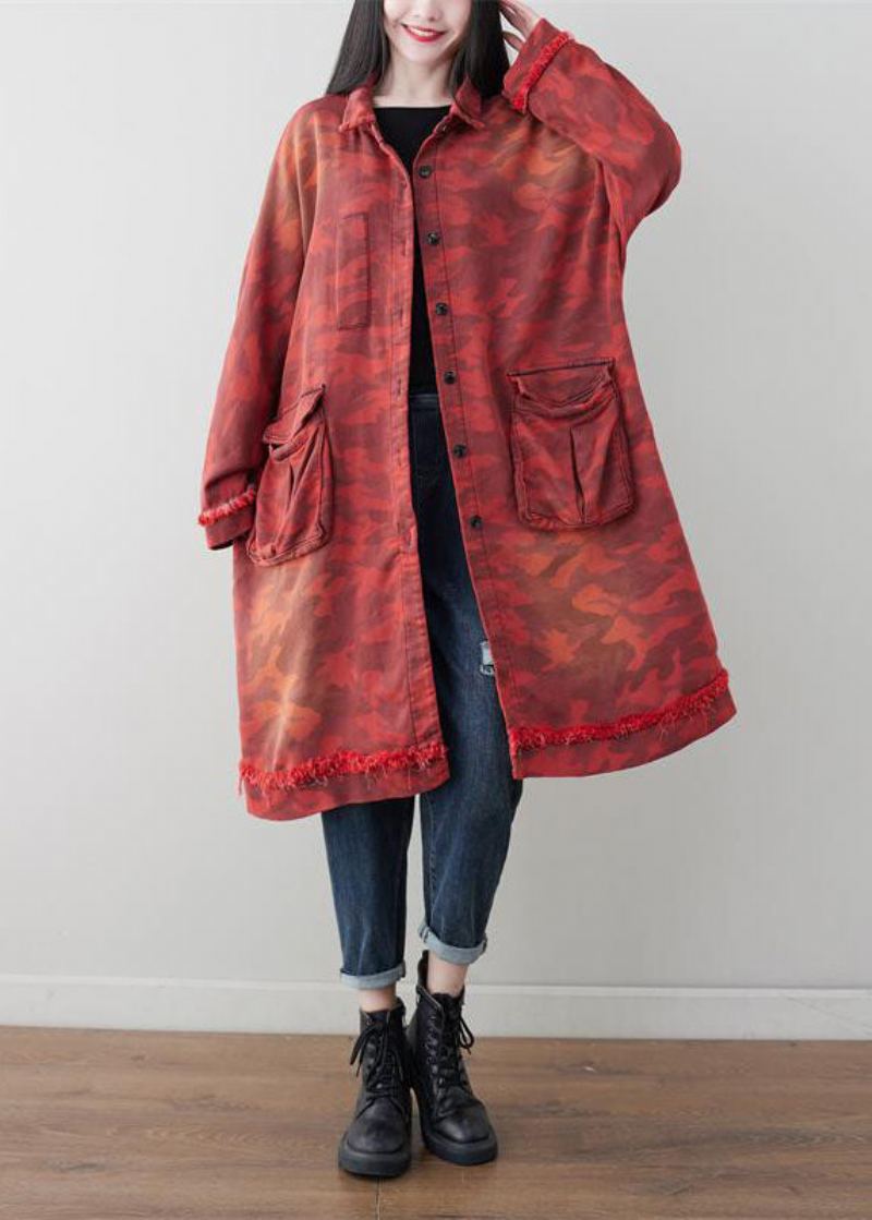 Boho Rouge Surdimensionné Patchwork Poches Coton Trench Printemps