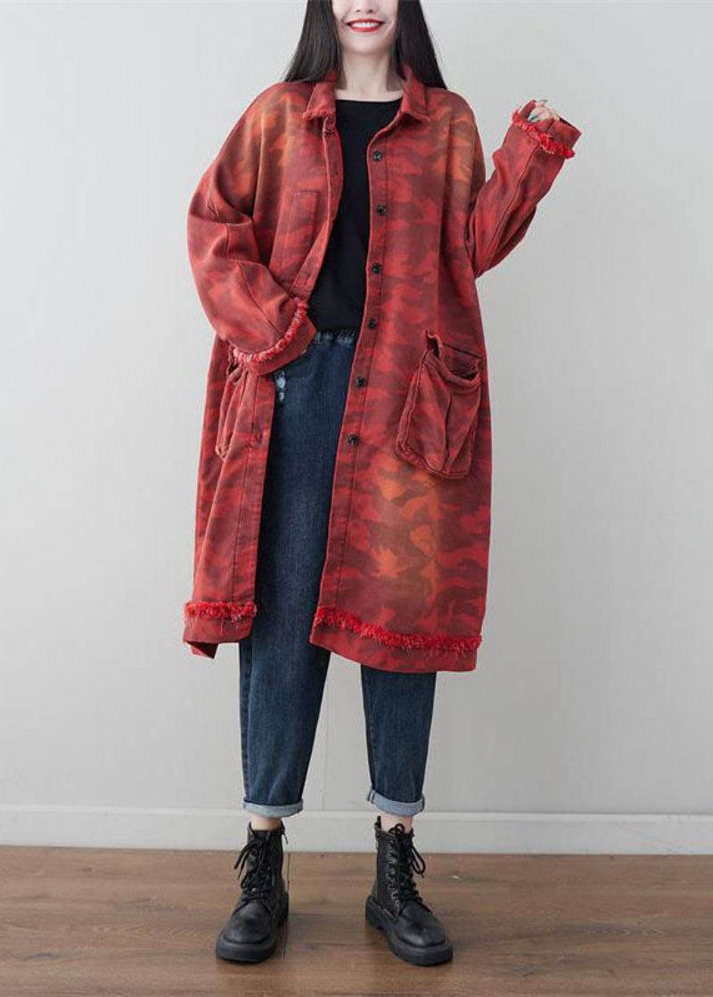 Boho Rouge Surdimensionné Patchwork Poches Coton Trench Printemps - Trenchs femmes