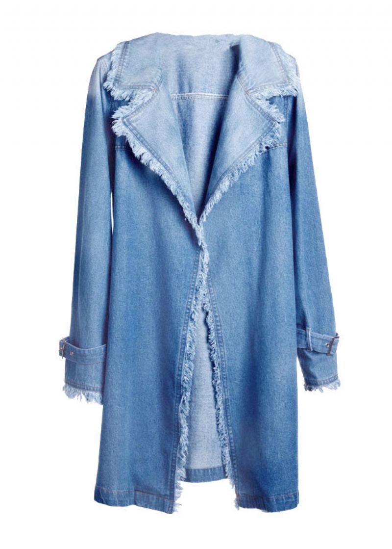 Boutique Bleu Col Claudine Poches Cravate Taille Patchwork Denim Trench Automne - Trenchs femmes