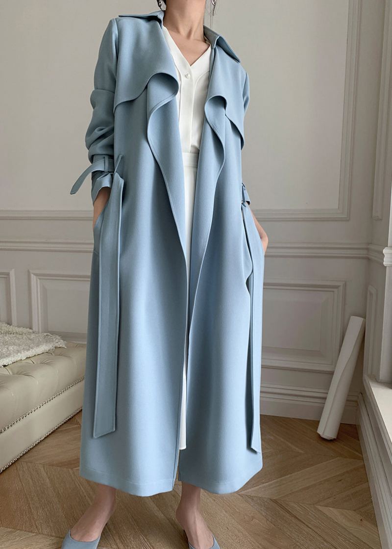 Boutique Bleu Col Claudine Poches Trench Manteaux À Manches Longues