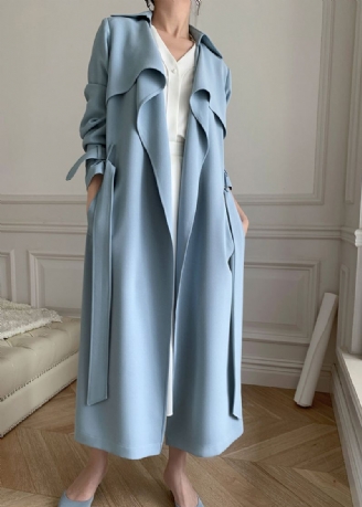 Boutique Bleu Col Claudine Poches Trench Manteaux À Manches Longues