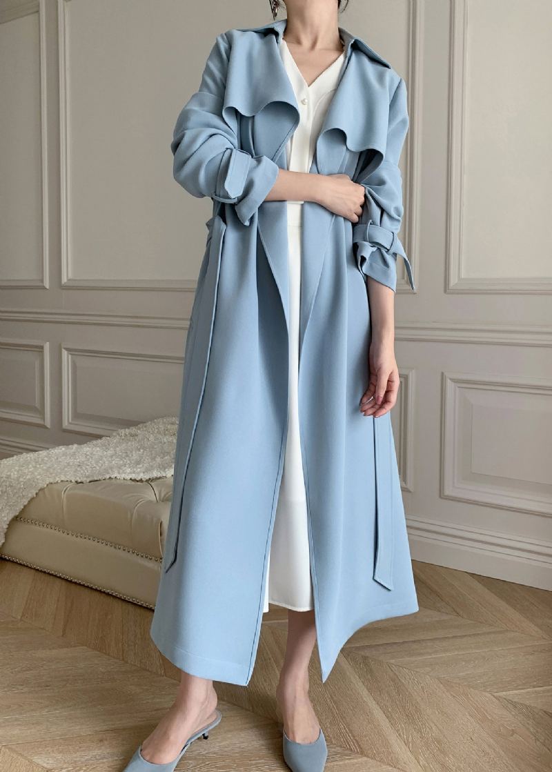 Boutique Bleu Col Claudine Poches Trench Manteaux À Manches Longues - Bleu