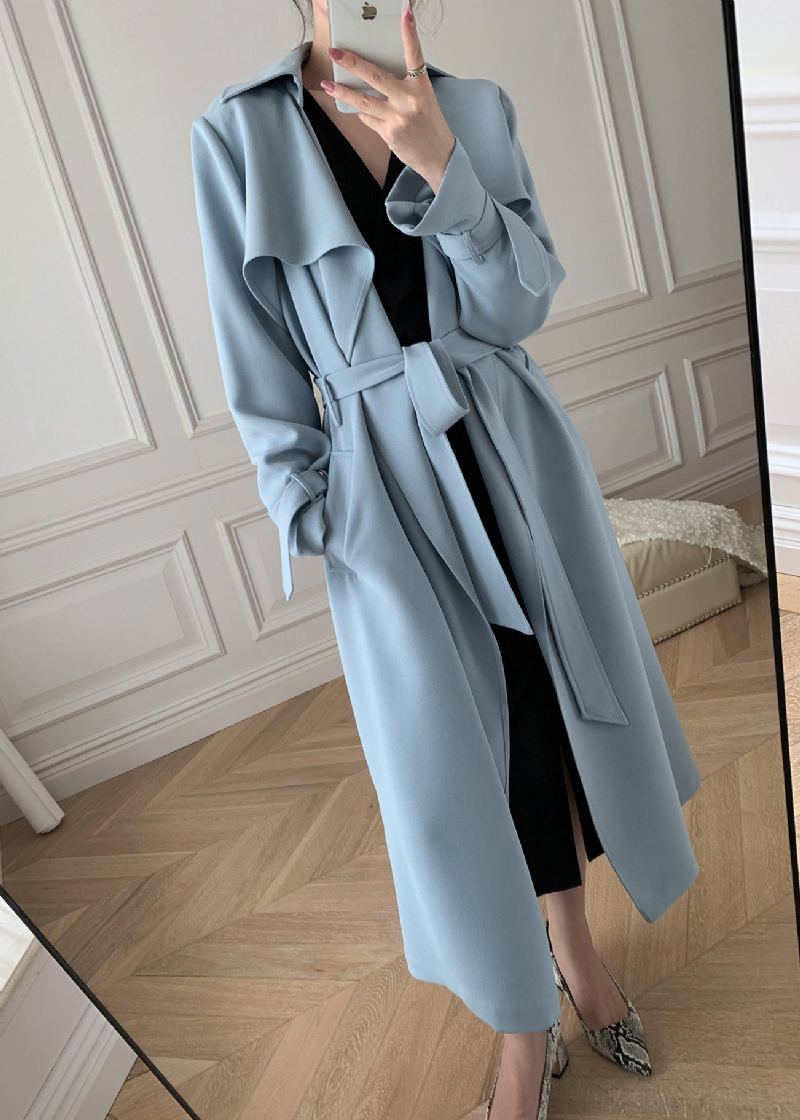 Boutique Bleu Col Claudine Poches Trench Manteaux À Manches Longues - Bleu