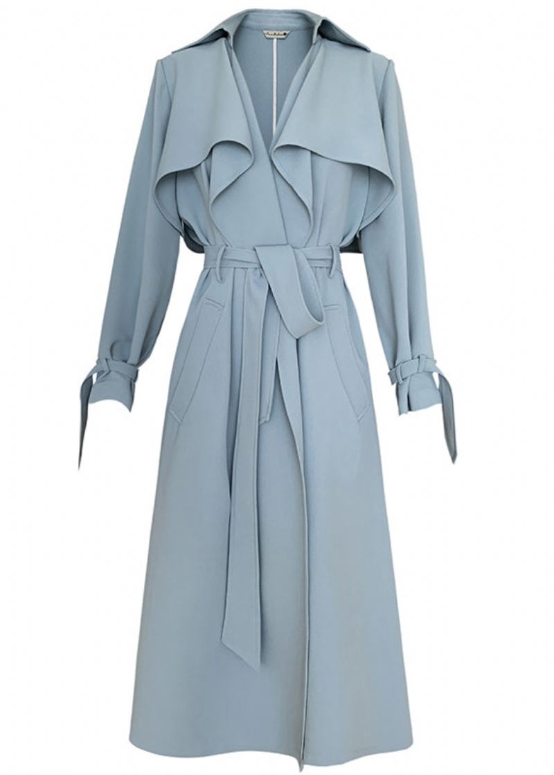 Boutique Bleu Col Claudine Poches Trench Manteaux À Manches Longues - Bleu